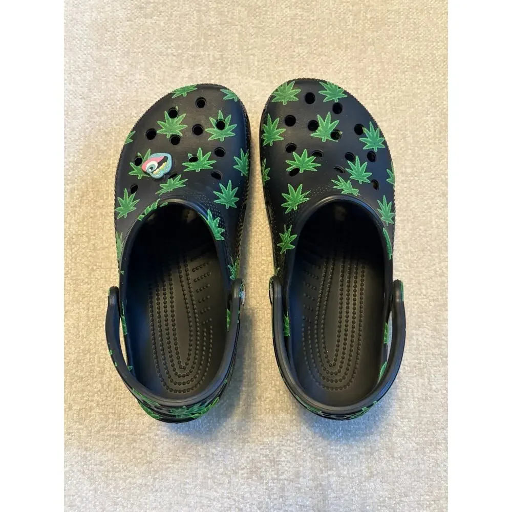 Crocs Classic Hemp Leaf Clogs Unisex Men’s 7 Women’s 9 Black & Green Hippie Pot